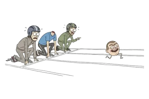 Three sprinters crouched and ready to run while a lone cartoon head already waits further down the track