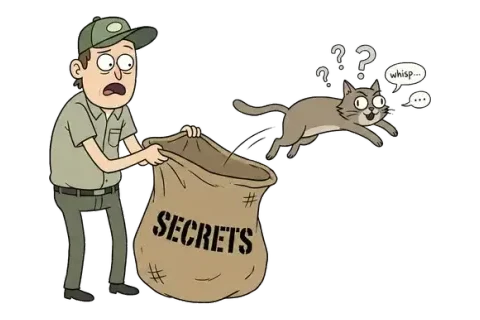 Rebus puzzle 20: an illustration hinting at "LET THE CAT OUT OF THE BAG"