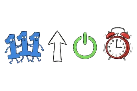 Three smiling blue number ones holding hands, then an arrow pointing upward, a green power button and a ringing red alarm clock