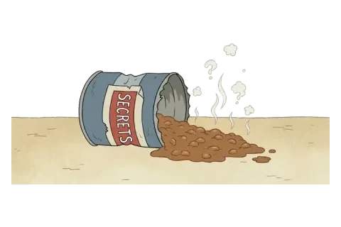 A tipped-over tin can labelled SECRETS, its brown contents pouring out across a table