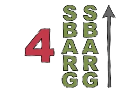 A big red number 4 beside two columns of green letters, with a tall arrow pointing upward
